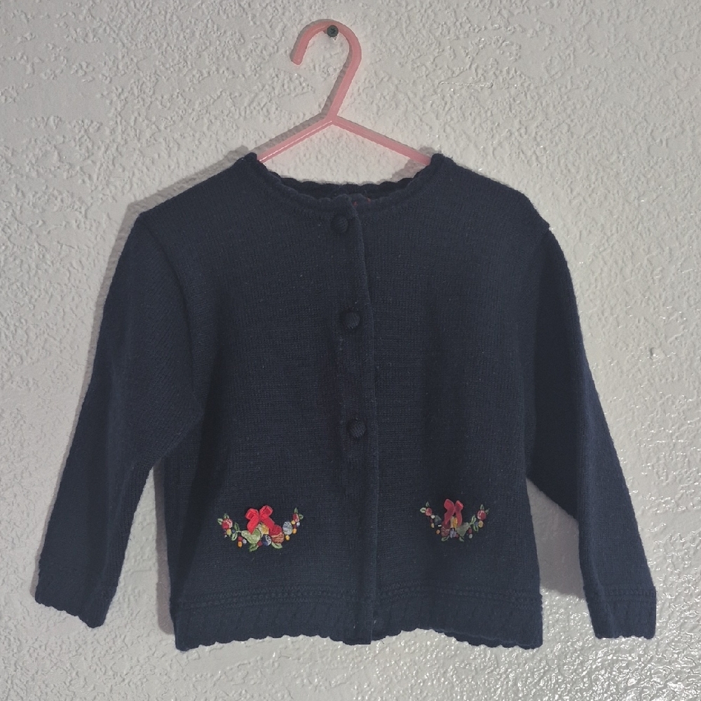 Kids Navy Blue Cardigan with Floral Embroidery